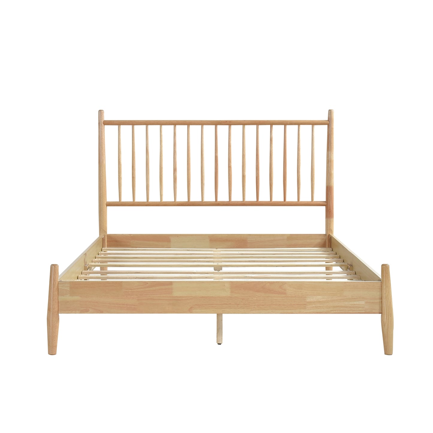 Mid-Century Modern Design Queen Platform Bed 1pc Natural Finish Wooden Bedroom Furniture Vertical Slats Headboard, Bed in a Box