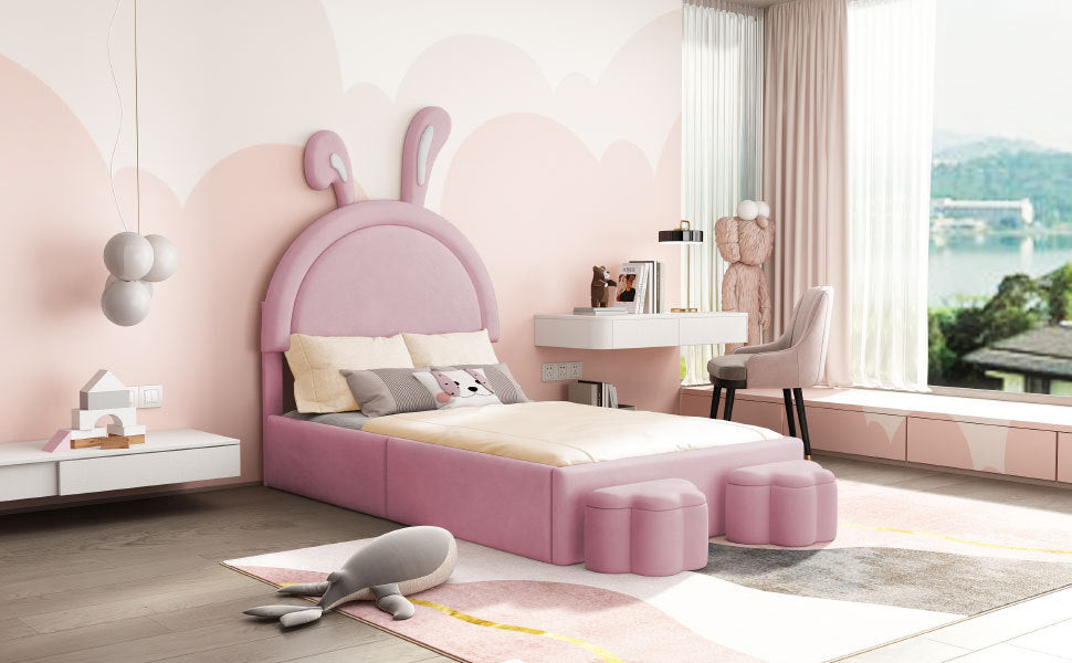 Twin size Upholstered Rabbit-Shape Bed with 2 Storage Stools, Velvet Platform Bed with Cartoon Ears Shaped Headboard, Pink