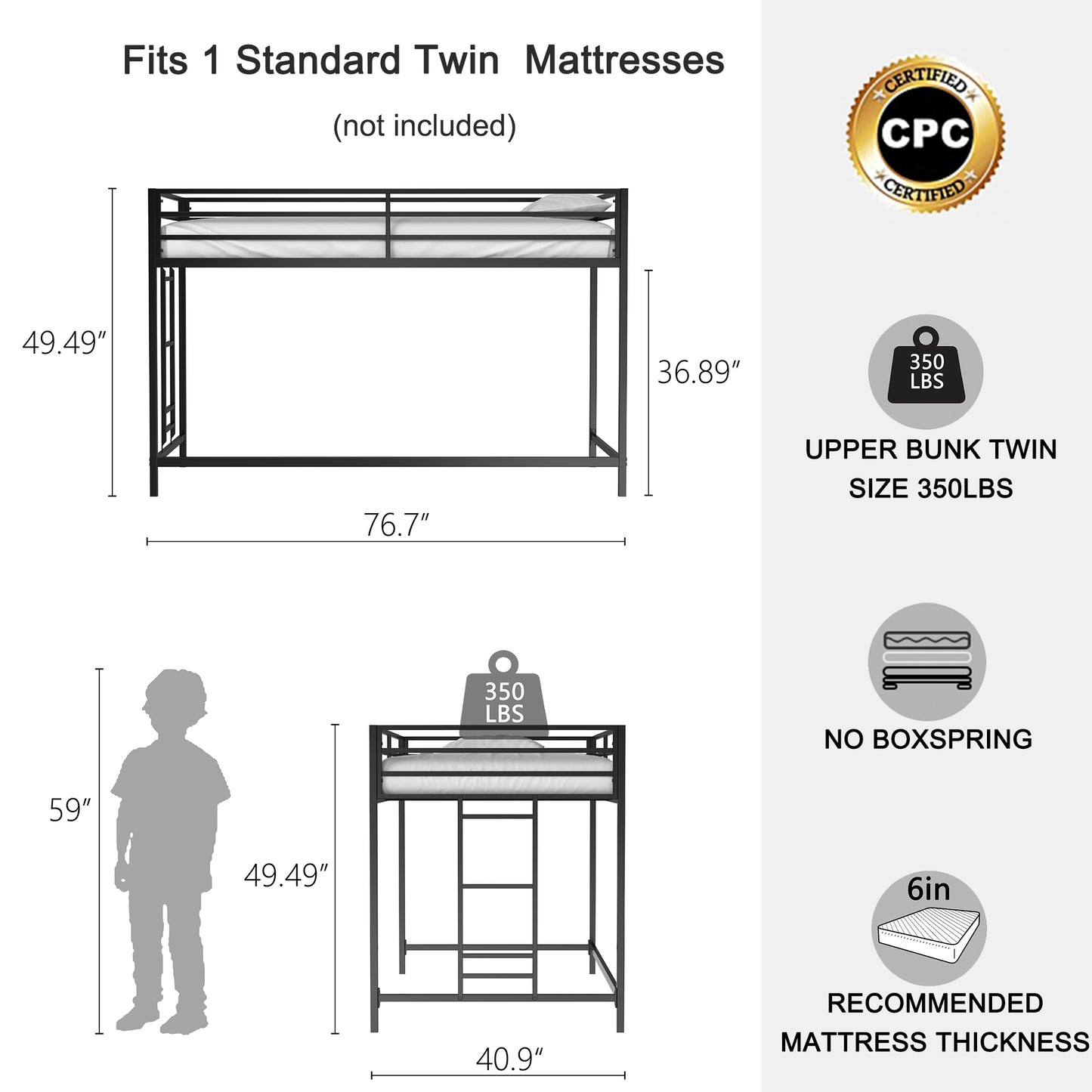 Adam sturdy junior twin loft bunk black for kids with easy climbing ladder, space saving