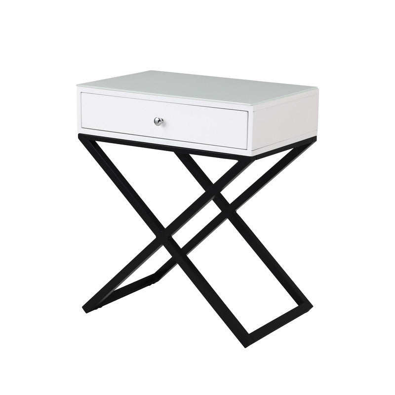 Koda 23" White Wooden End Side Table Nightstand with Glass Top, Drawer and Metal Cross Base