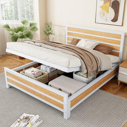 Queen Size Metal Platform Bed with Underneath Storage, White