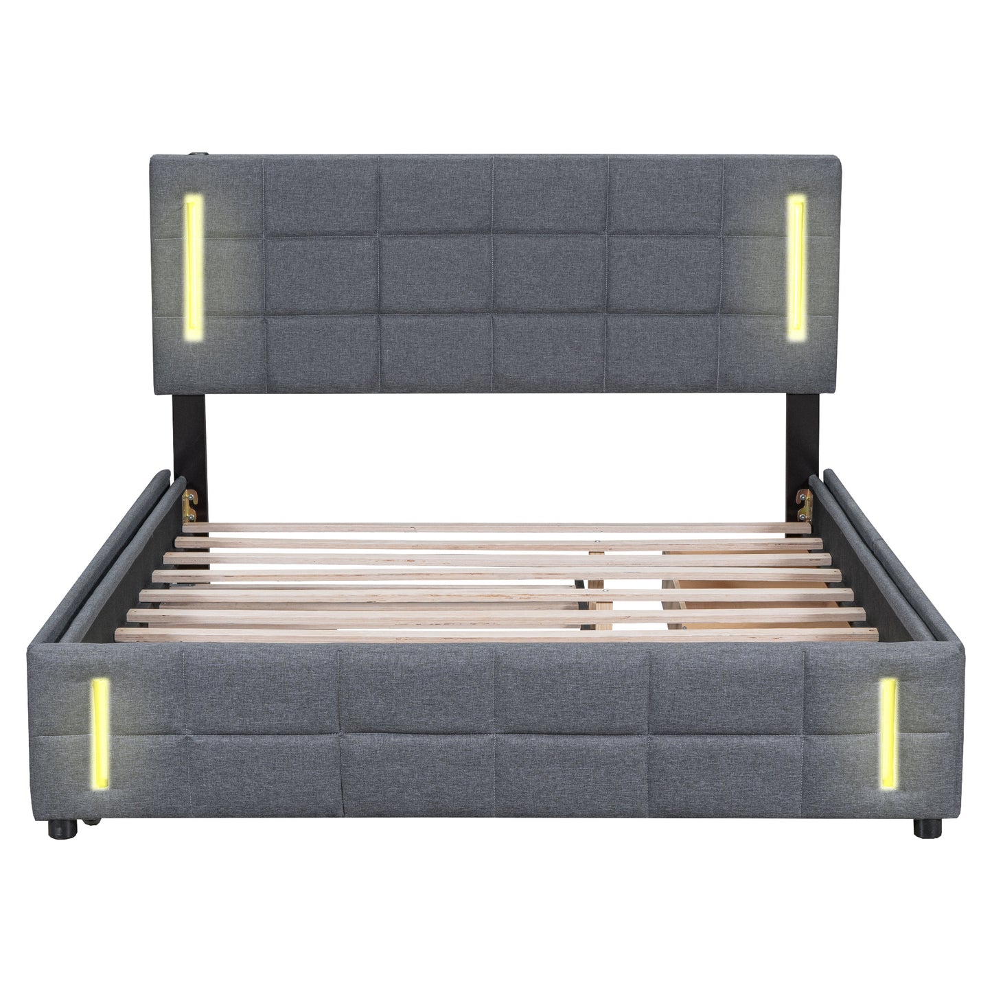 Queen Size Upholstered Platform Bed with Trundle and Drawers, Gray