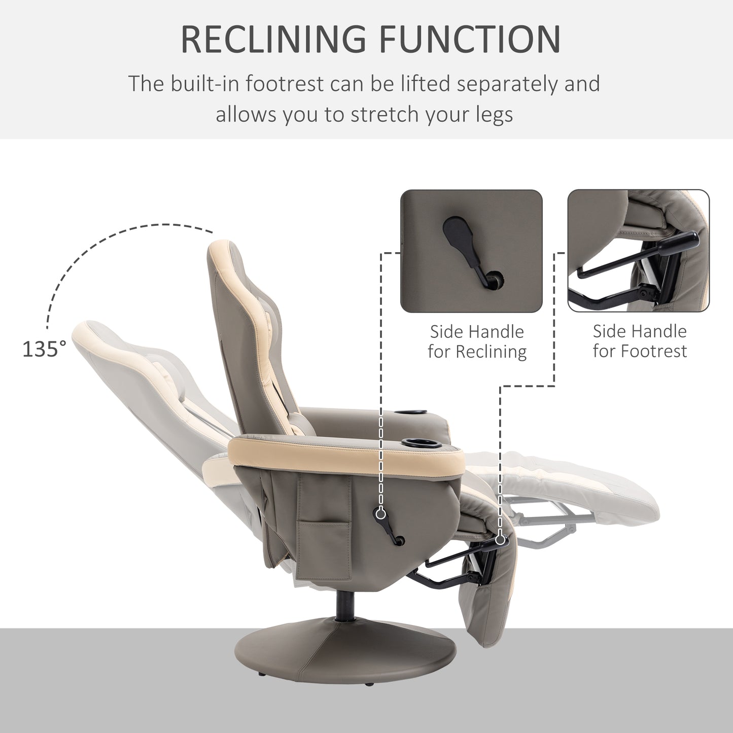 HOMCOM Manual Recliner Armchair PU Leather Lounge Chair w/ Adjustable Leg Rest, 135° Reclining Function, 360° Swivel, Cup Holder and, Storage Pocket