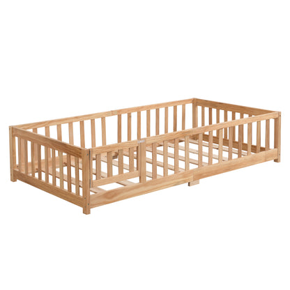 Queen Size Floor Bed with Door, Solid Wood Platform Bed Frame with Fence , Suitable for children , Pine Wood , Natural