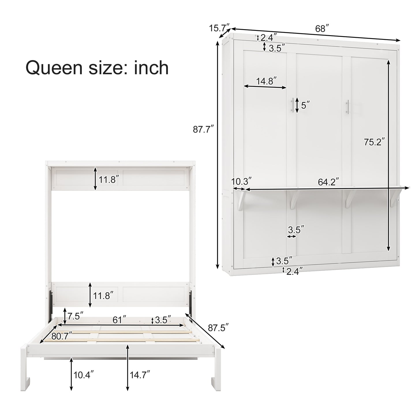 Queen Size Murphy Bed, 68-inch Cabinet Bed Folding Wall Bed with Desk Combo Perfect for Guest Room,Study, Office,White(old sku:BS530192AAC)