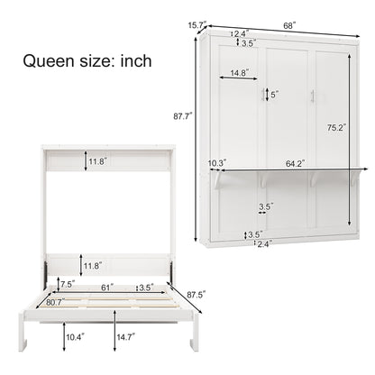 Queen Size Murphy Bed, 68-inch Cabinet Bed Folding Wall Bed with Desk Combo Perfect for Guest Room,Study, Office,White(old sku:BS530192AAC)