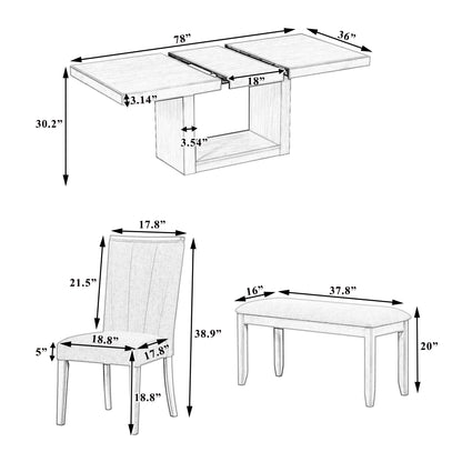 TOPMAX Contemporary 6-Piece 78inch Extendable Pedestal Dining Table Set with 18inch Removable Leaf and Dining Bench, 4 Upholstered Dining Chairs, Gray