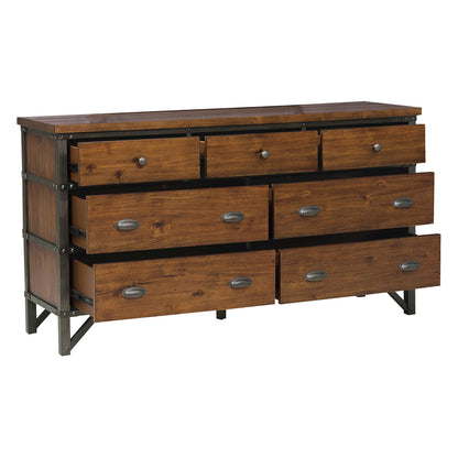 Industrial Design Bedroom Furniture 1pc Dresser of 7 Drawers Rustic Brown and Gunmetal Finish Wooden Furniture