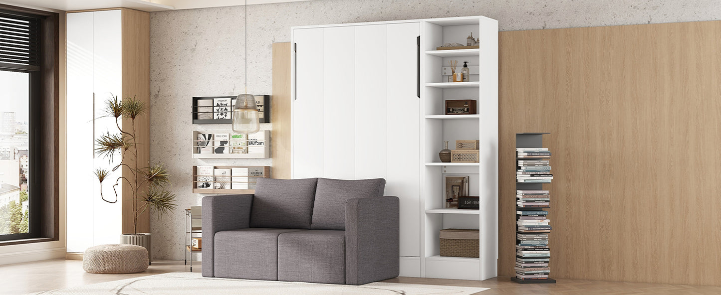 Twin Size Murphy Bed Wall Bed with Sofa,with Shelves,White