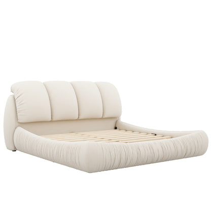 Queen Size Luxury Upholstered Bed With Thick Headboard, Velvet Queen Bed with Oversized Padded Backrest, Beige(Expect arrival date 2024/4/9)