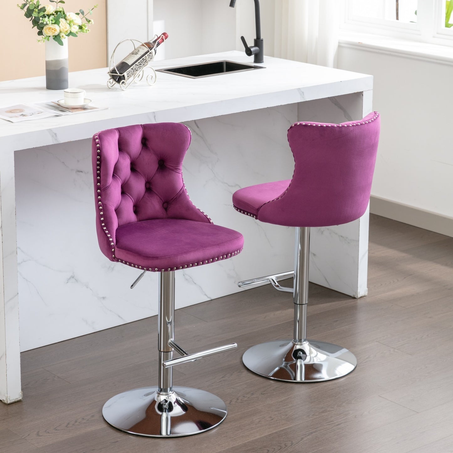 Swivel Velvet Barstools Adjusatble Seat Height from 25-33 Inch, Chrome base Bar Stools with Backs Comfortable Tufted for Home Pub and Kitchen Island, Purple,Set of 2,1712PP