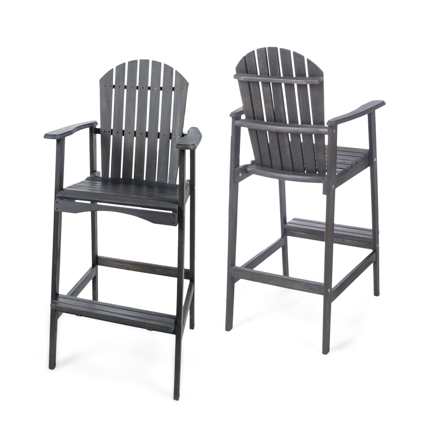 Outdoor Acacia Wood Adirondack Barstools Set of 2, Natural Stained, Dark Gray