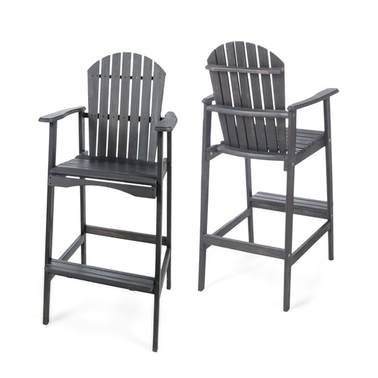 Outdoor Acacia Wood Adirondack Barstools Set of 2, Natural Stained, Dark Gray
