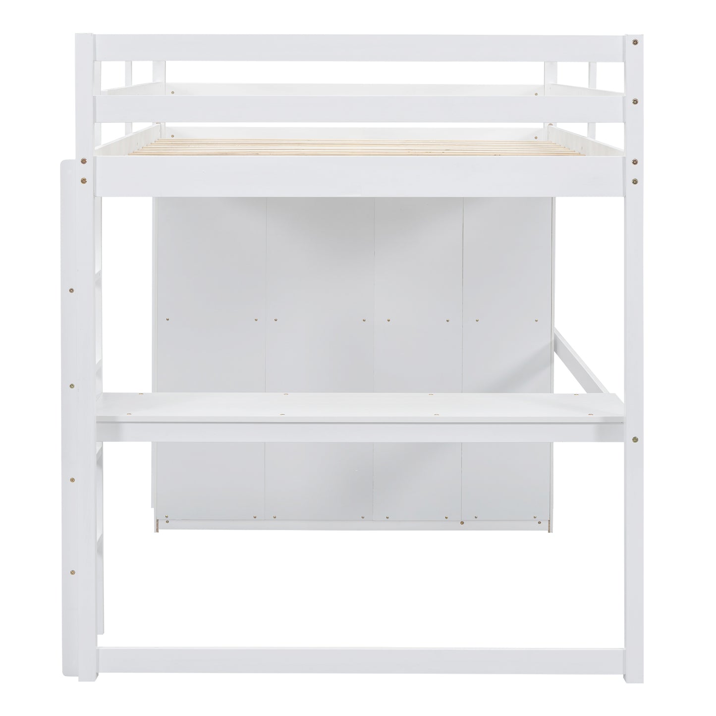 Wood Full Size Loft Bed with Built-in Wardrobe, Desk, Storage Shelves and Drawers, White