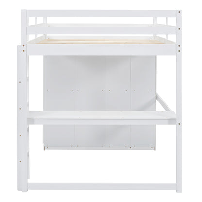 Wood Full Size Loft Bed with Built-in Wardrobe, Desk, Storage Shelves and Drawers, White