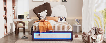 Twin Size Upholstered Platform Bed with Bear Shaped Headboard, LED Light Strips, White + Brown