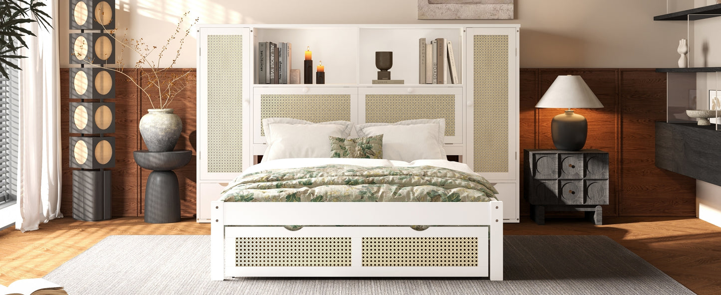 Twin Size Wooden Bed with Two Storage Lockers, Drawer, and Storage Shelf on Headboard, Multifunctional Platform Bed with Natural Rattan, White