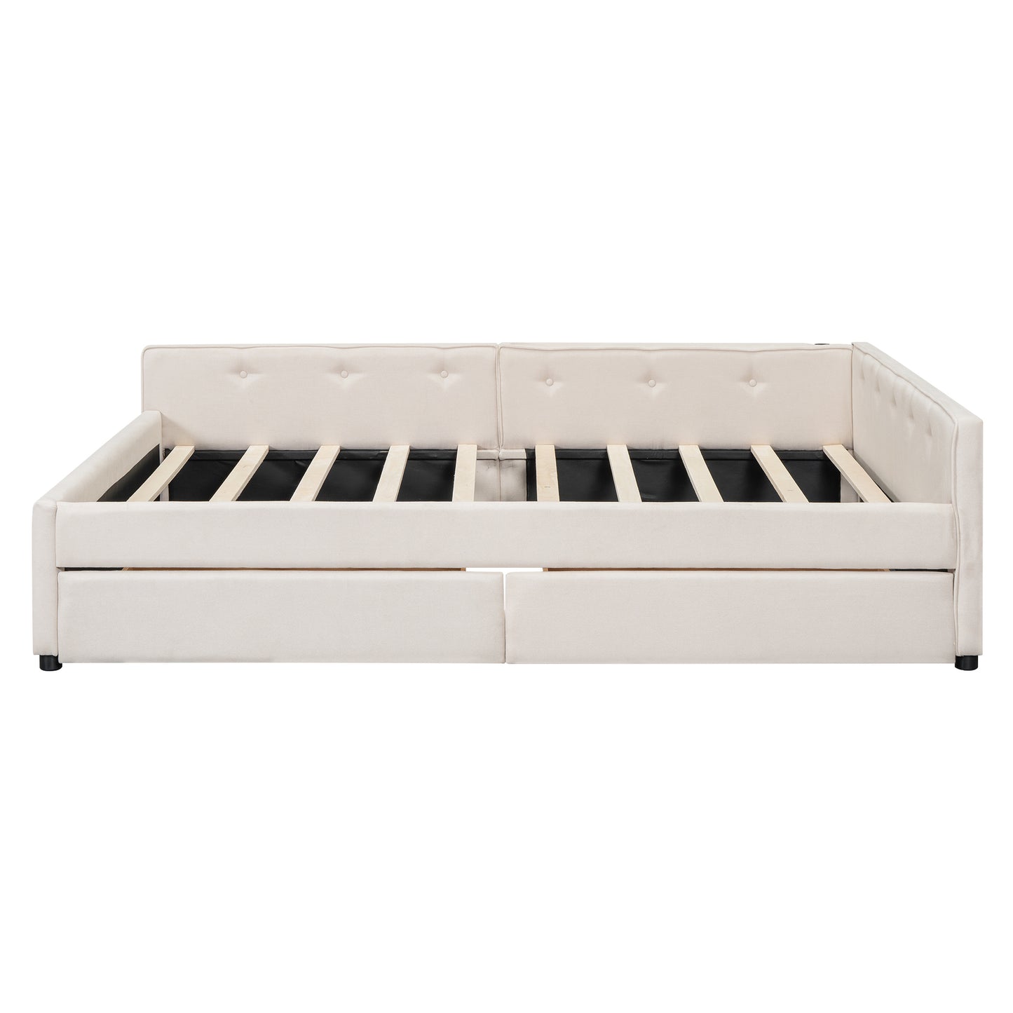 Queen Size Upholstered Platform Bed with USB and 2 Drawers, Beige