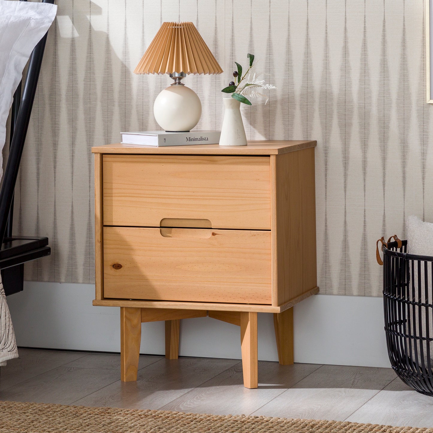 Mid-Century Modern Solid Wood 2-Drawer Nightstand – Natural Pine