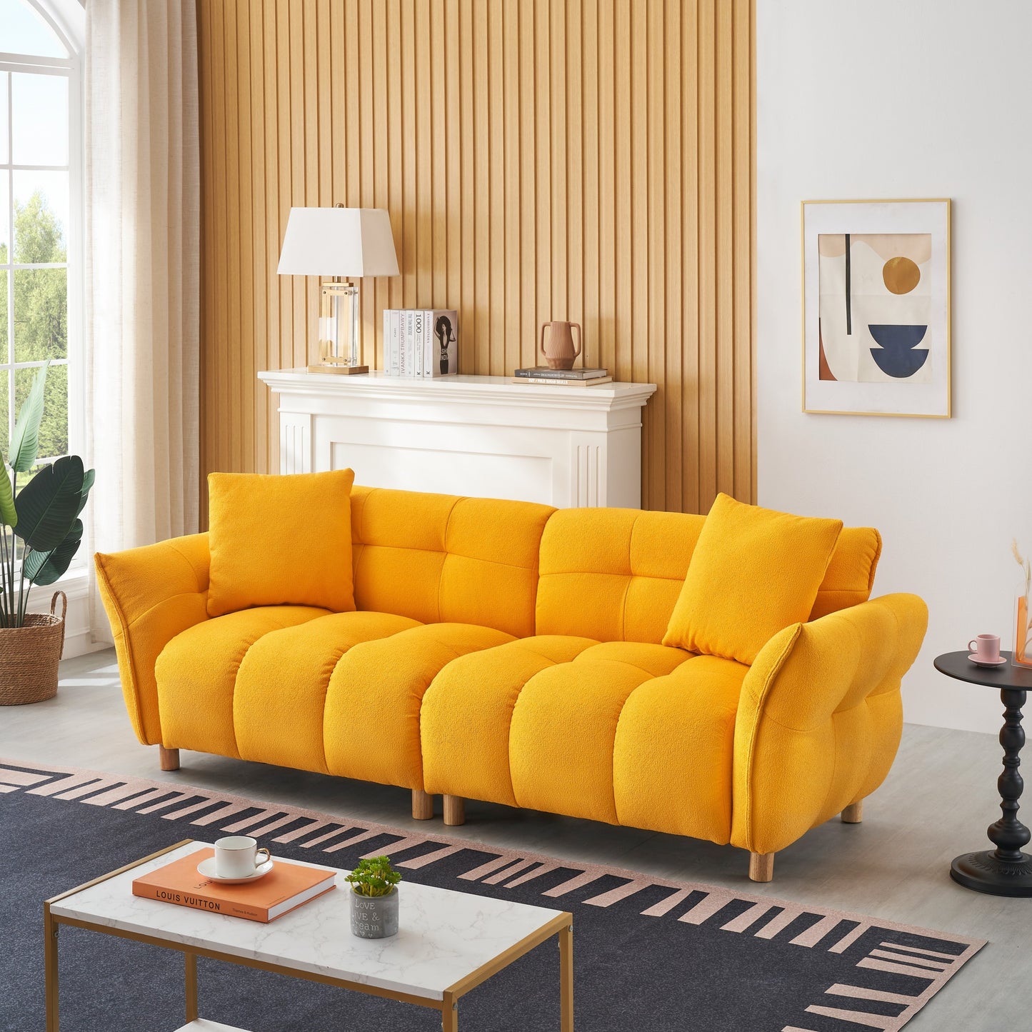 93.70 inches long, Teddy Sofa Fabric,with two matching pillows and three spacious and comfortable seats, for Apartment Office Living Room - Yellow