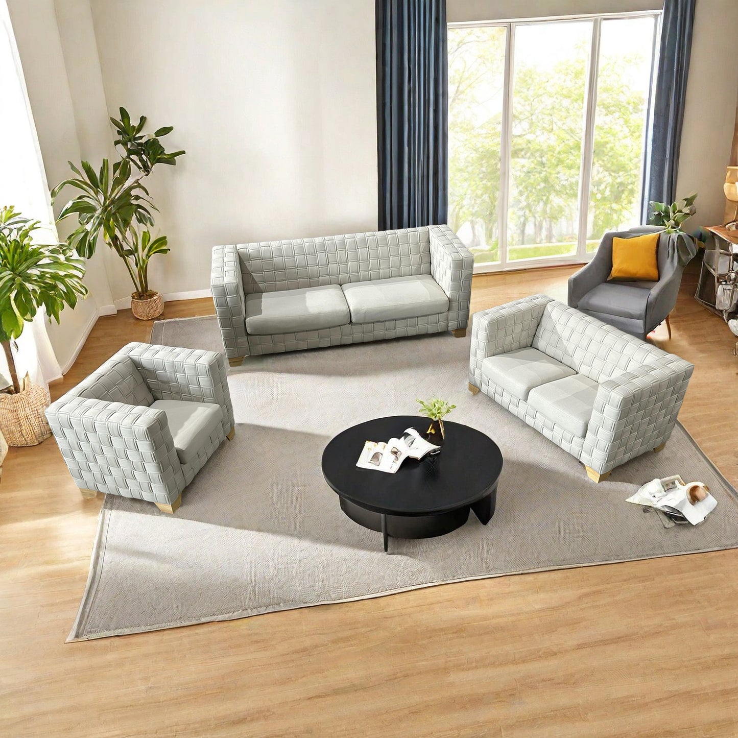 FX-D1 SOFA SET Include Chair Loveseat And Sofa Light Beige ColorLinen & Oak Natural Wood color sofa legs