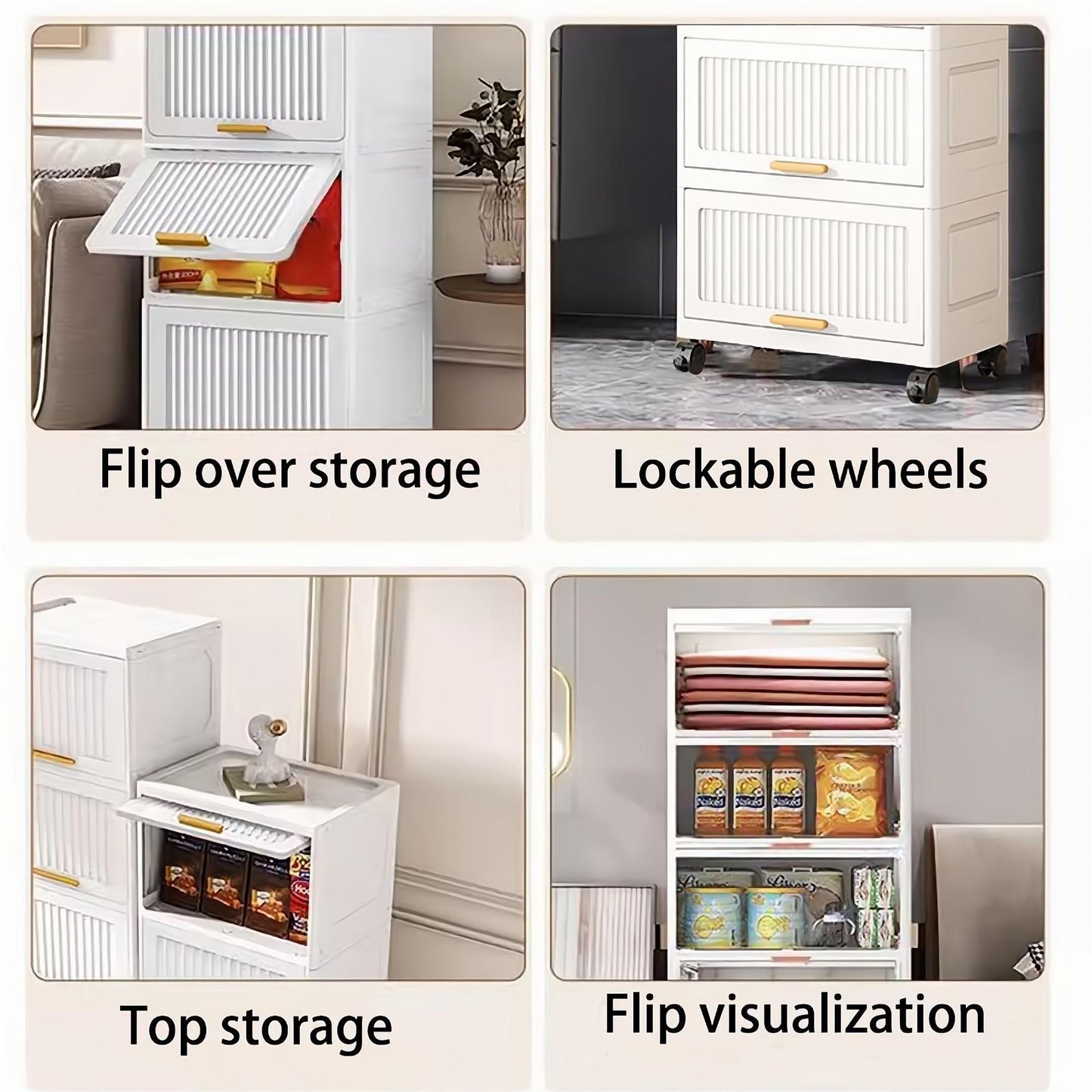 15.75" Side Wide 4-Layers  Flip Open Storage Box With Wheels, Movable Storage Cabinet, Kitchen Shelf, Movable Storage Island, Home Organization, Wardrobe Storage Box