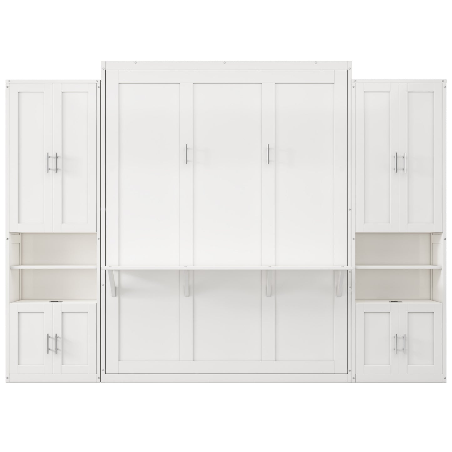 Queen Size Murphy Bed with 2 Side Cabinet Storage Shelves, 68-inch Cabinet Bed Folding Wall Bed with Desk Combo Perfect for Guest Room, Study, Office,White(old sku:BS400192AAC)