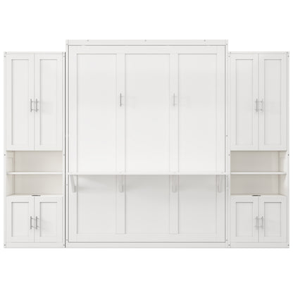 Queen Size Murphy Bed with 2 Side Cabinet Storage Shelves, 68-inch Cabinet Bed Folding Wall Bed with Desk Combo Perfect for Guest Room, Study, Office,White(old sku:BS400192AAC)