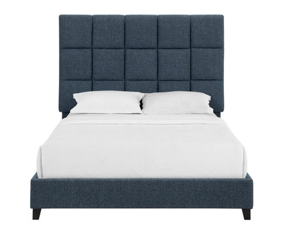 Queen Size Navy Blue Denim Squares Upholstered Platform Bed