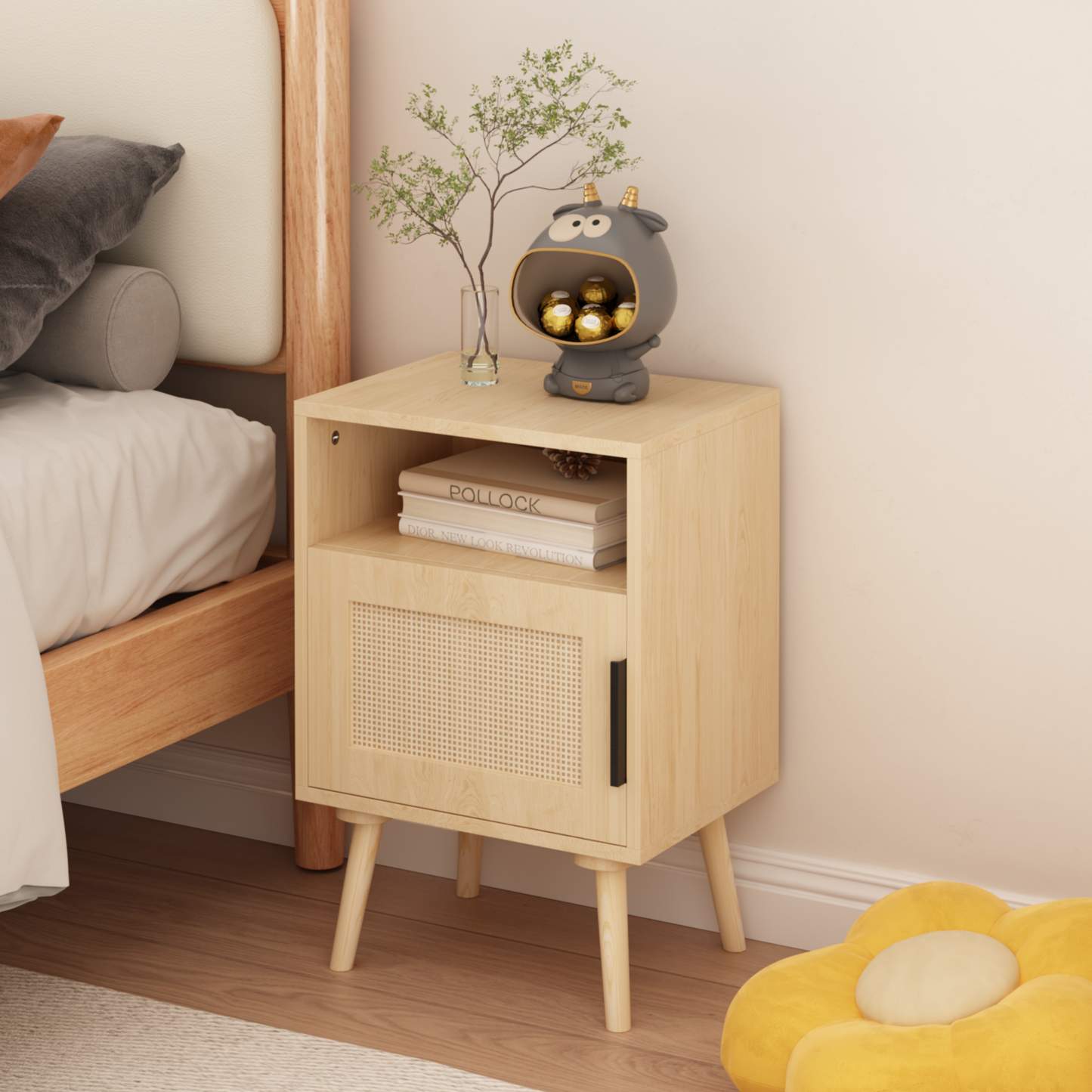 22.83'' H Rattan Nightstand, Side Table with Door Open Shelf,  Accent Bedside End Table with Solid Wood Legs for Bedroom, Dorm and Small Spaces, Oak