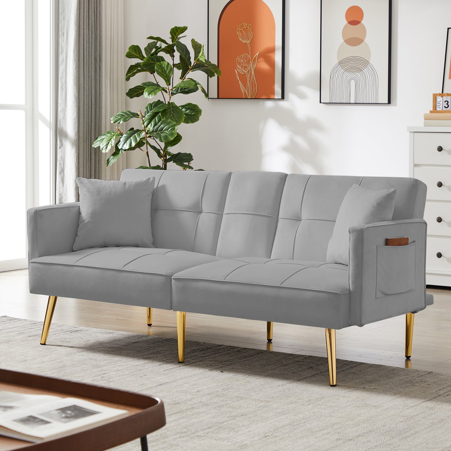 Grey Velvet Futon Sofa Bed with Gold Metal Legs