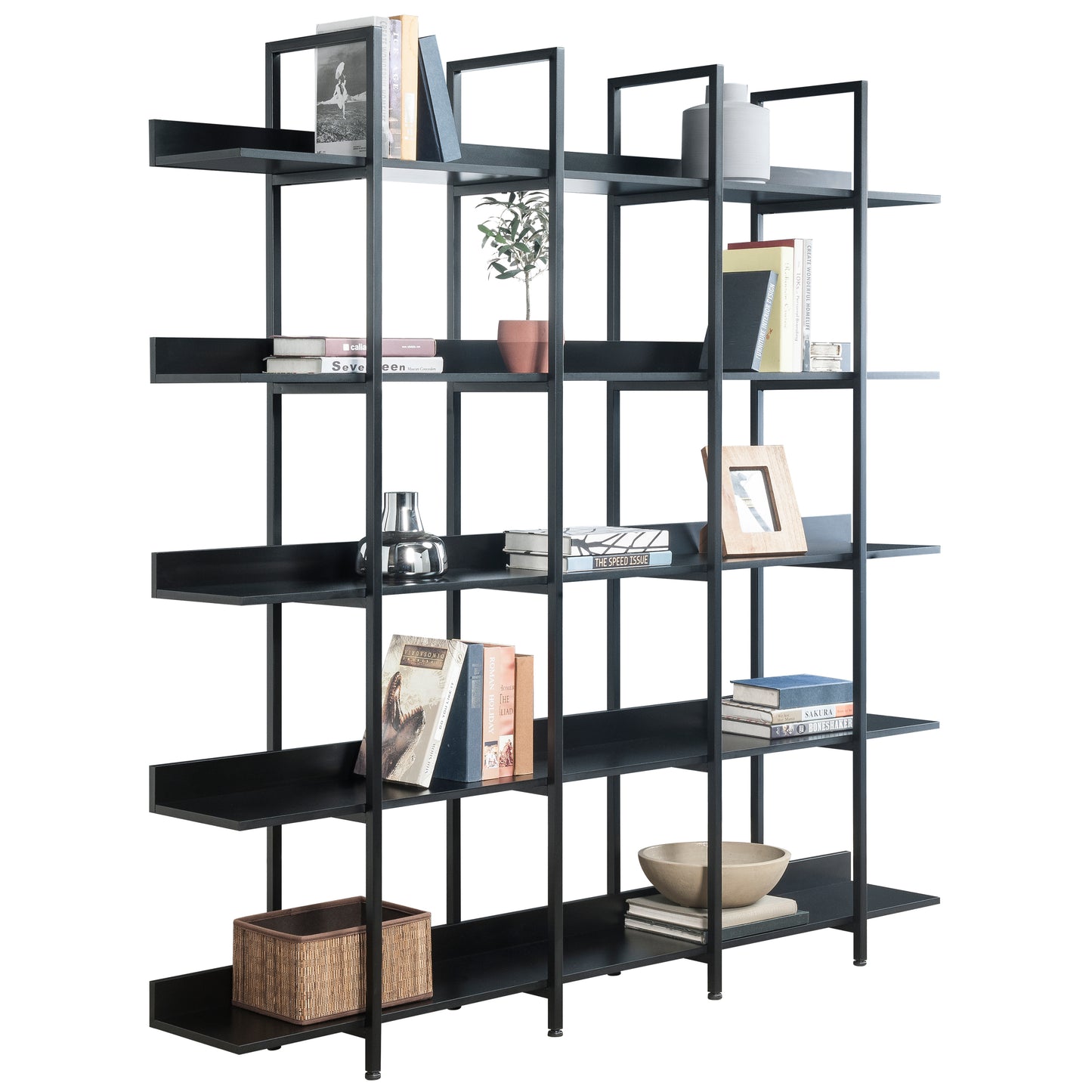 5 Tier Bookcase Home Office Open Bookshelf, Vintage Industrial Style Shelf with Metal Frame, MDF Board