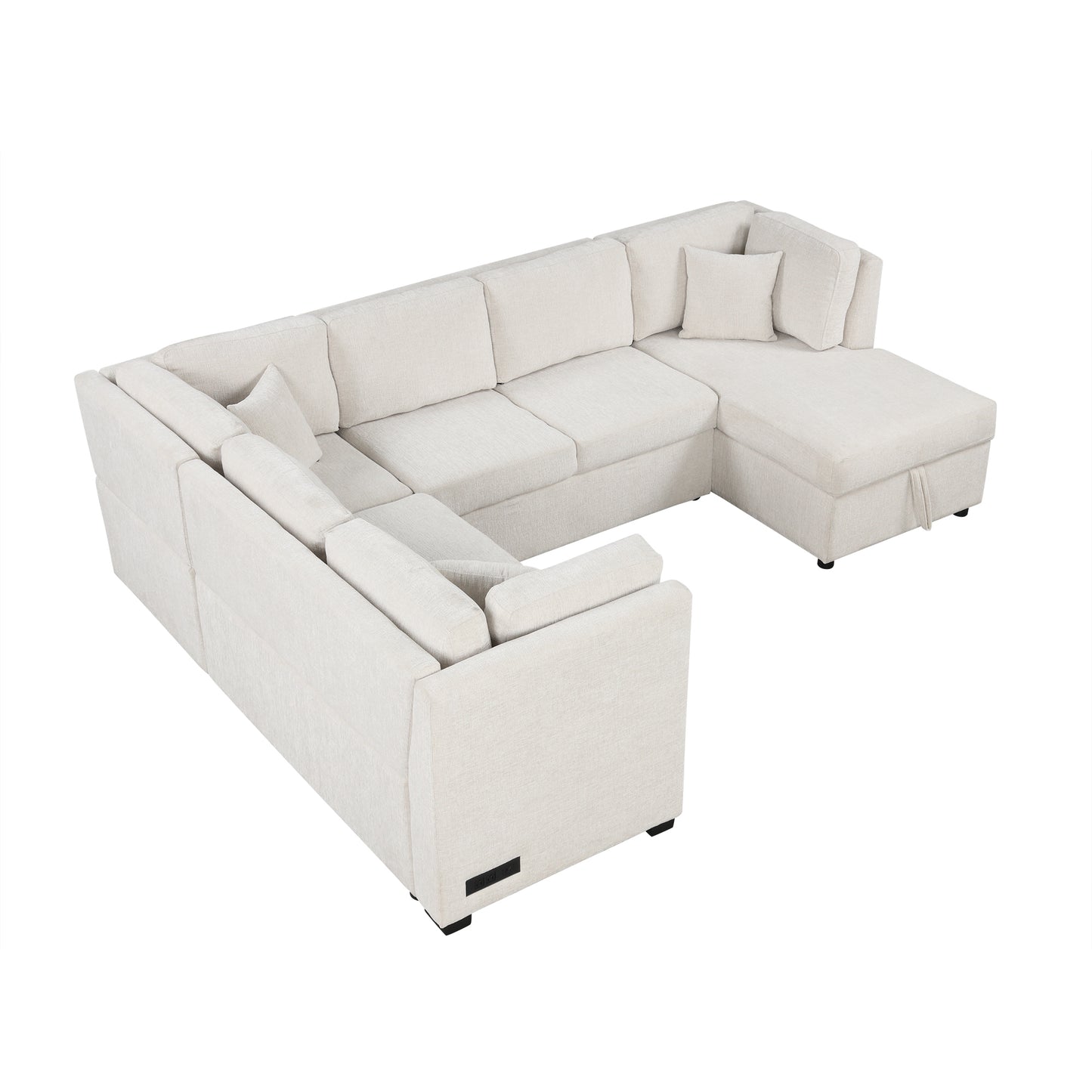 108.6" U-shaped Sectional Sofa Pull out Sofa Bed with Two USB Ports, Two Power Sockets, Three Back Pillows and a Storage Chaise for Living Room, Beige