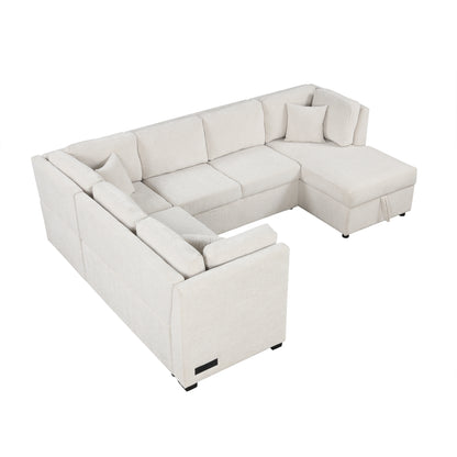 108.6" U-shaped Sectional Sofa Pull out Sofa Bed with Two USB Ports, Two Power Sockets, Three Back Pillows and a Storage Chaise for Living Room, Beige