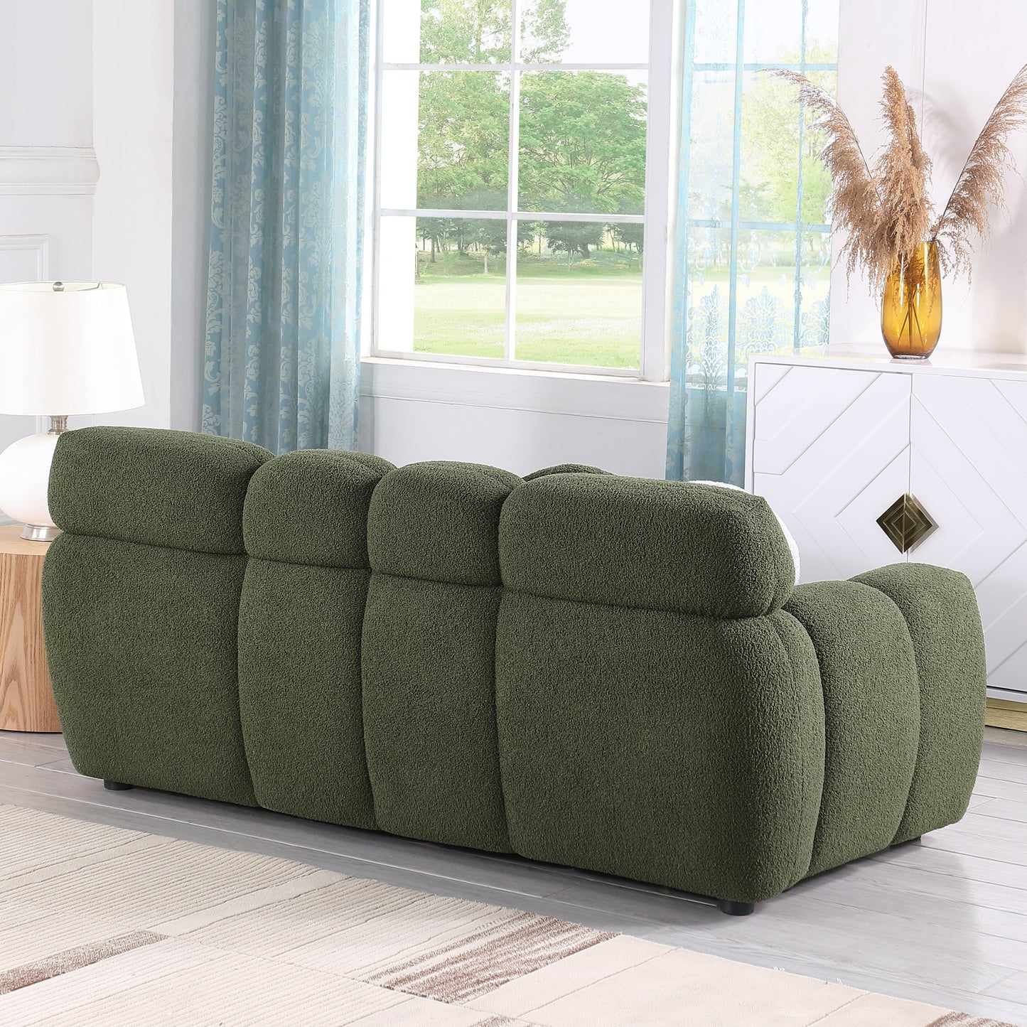 87.4 length ,35.83" deepth ,human body structure for USA people,  marshmallow sofa,boucle sofa ,3 seater, OLIVE GREEN BOUCLE