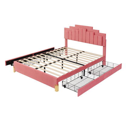 Queen Size Upholstered Platform Bed with LED Lights and 4 Drawers, Stylish Irregular Metal Bed Legs Design, Pink