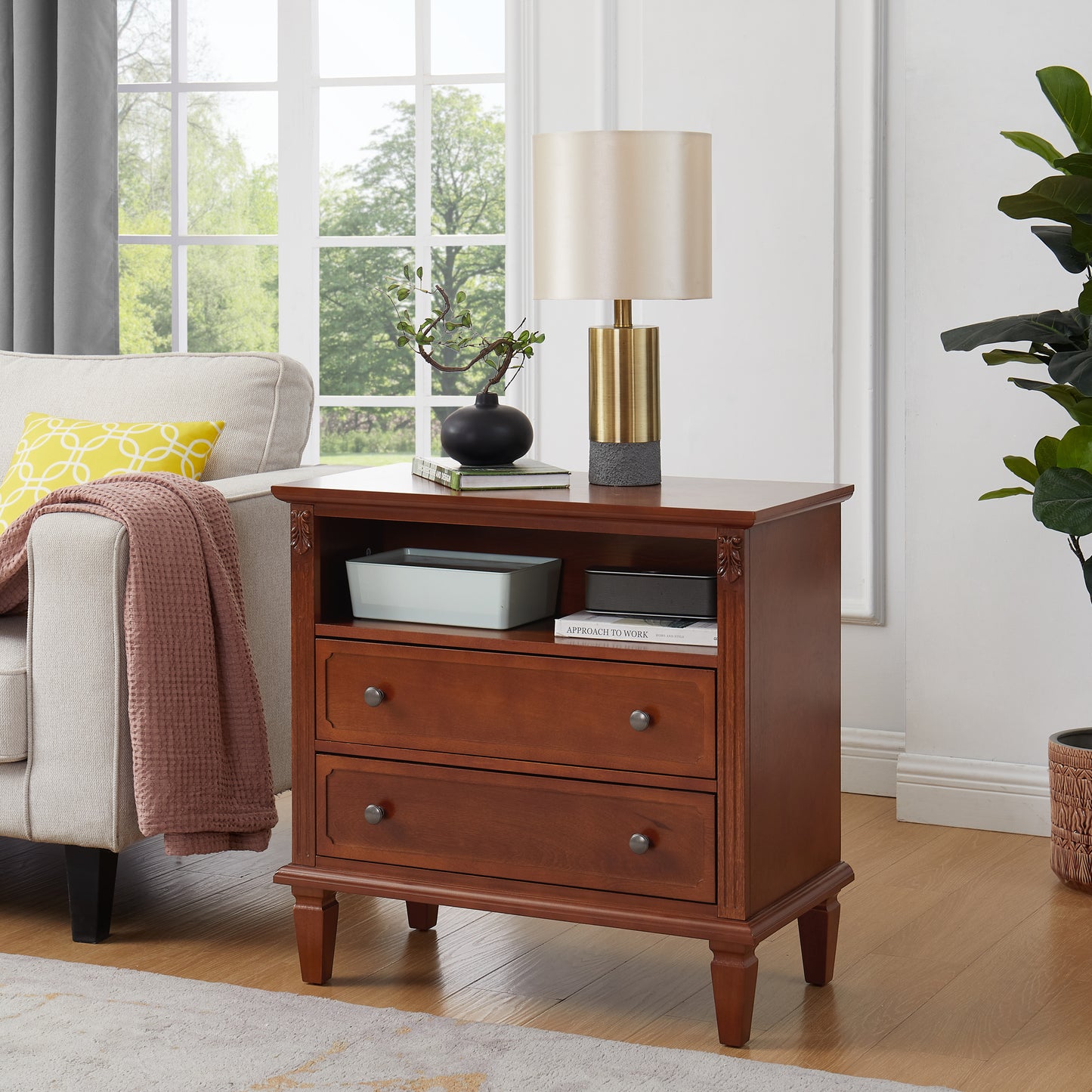 Open Space and 2 Drawers Dresser Nightstand with Charging Station, Farmhouse End Table with USB Ports and Outlets, Fluted Pilasters Design Side Table with Solid Wood Legs for Bedroom