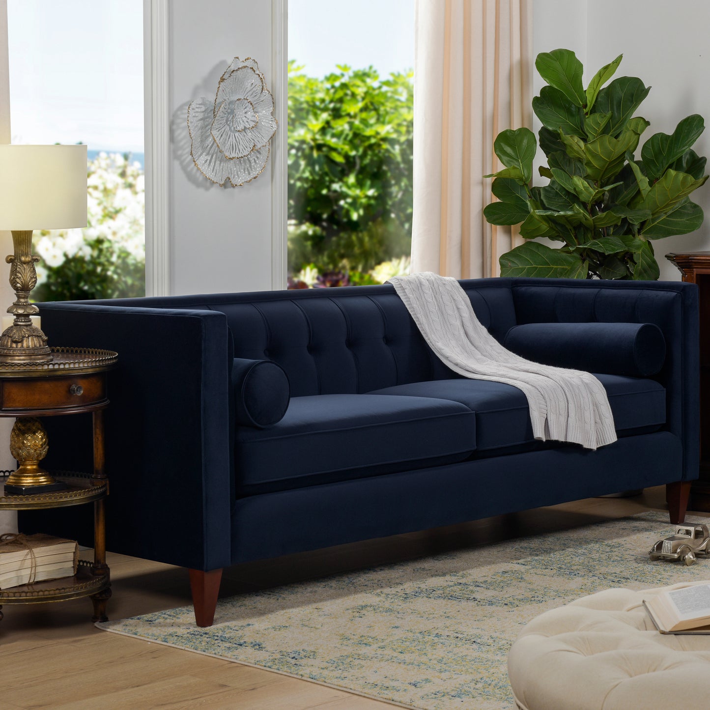 Jack 84" Modern Tuxedo Tufted Sofa, Dark Navy Blue Performance Velvet