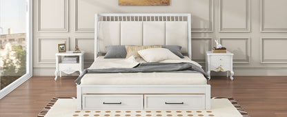 Queen Size Wood Platform Bed with Upholstered Headboard and 2 Drawers, Antique White