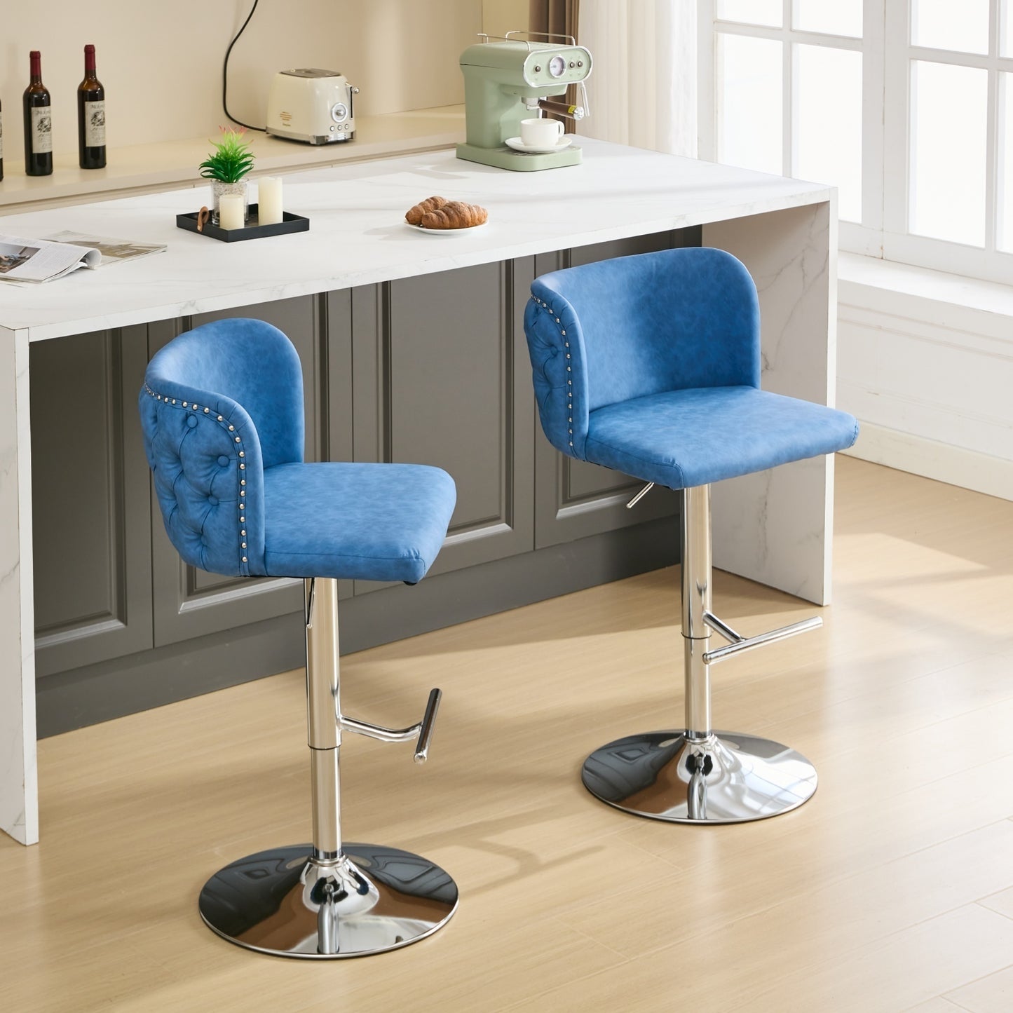 A&A Furniture,Swivel Barstools Adjusatble Seat Height With Chrome Base, Modern PU Upholstered Bar Stools with the whole Back Tufted, for Home Pub and Kitchen Island,Blue, Set of 2