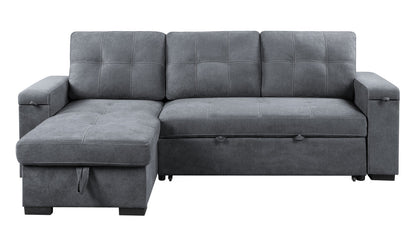 Toby 95" Gray Woven Fabric Reversible Sleeper Sectional Sofa with Storage Chaise Cup Holder Charging Ports and Pockets