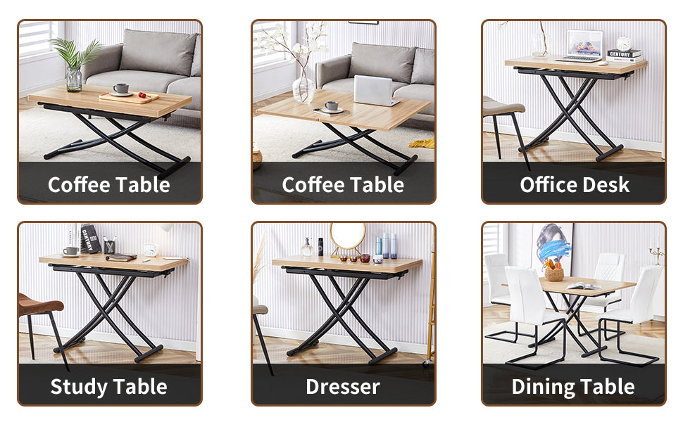 Modern minimalist multifunctional lift table with 0.8-inch MFC tabletop and black metal legs, can be used as dressing table, coffee table, dining table, and office desk.  LT-10055