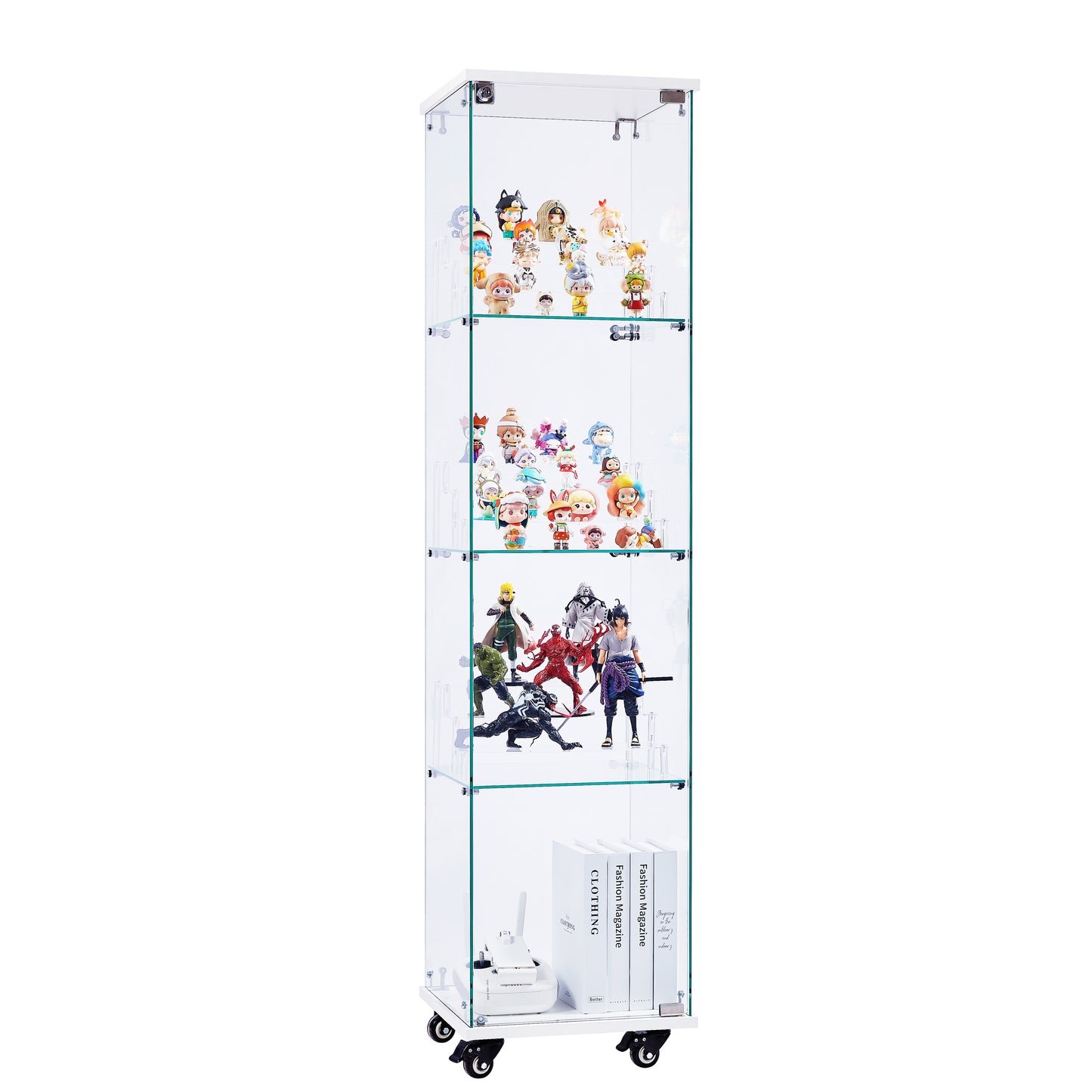 4 Tier Glass Display Cabinet, Single Door Glass Cabinet with Lock and Wheels, Floor Standing Storage Cabinet with 3 Acrylic Shelves for Living Room, Bedroom and Office, White, 15.8"L x 14.2"W x 65.1"H