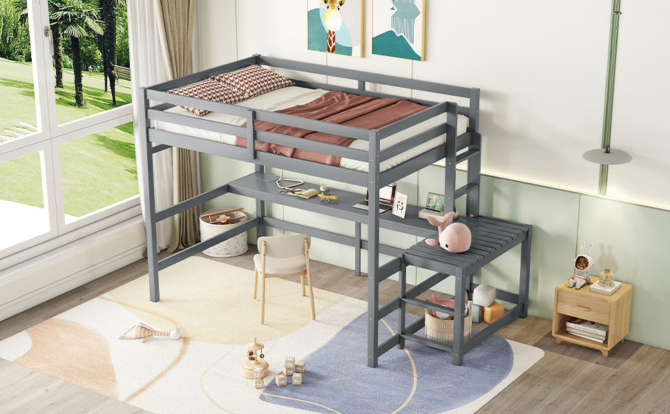 Full Size High Loft Bed with Built-in Desk, Ladder Platform, Ladders, Guardrails ,Grey