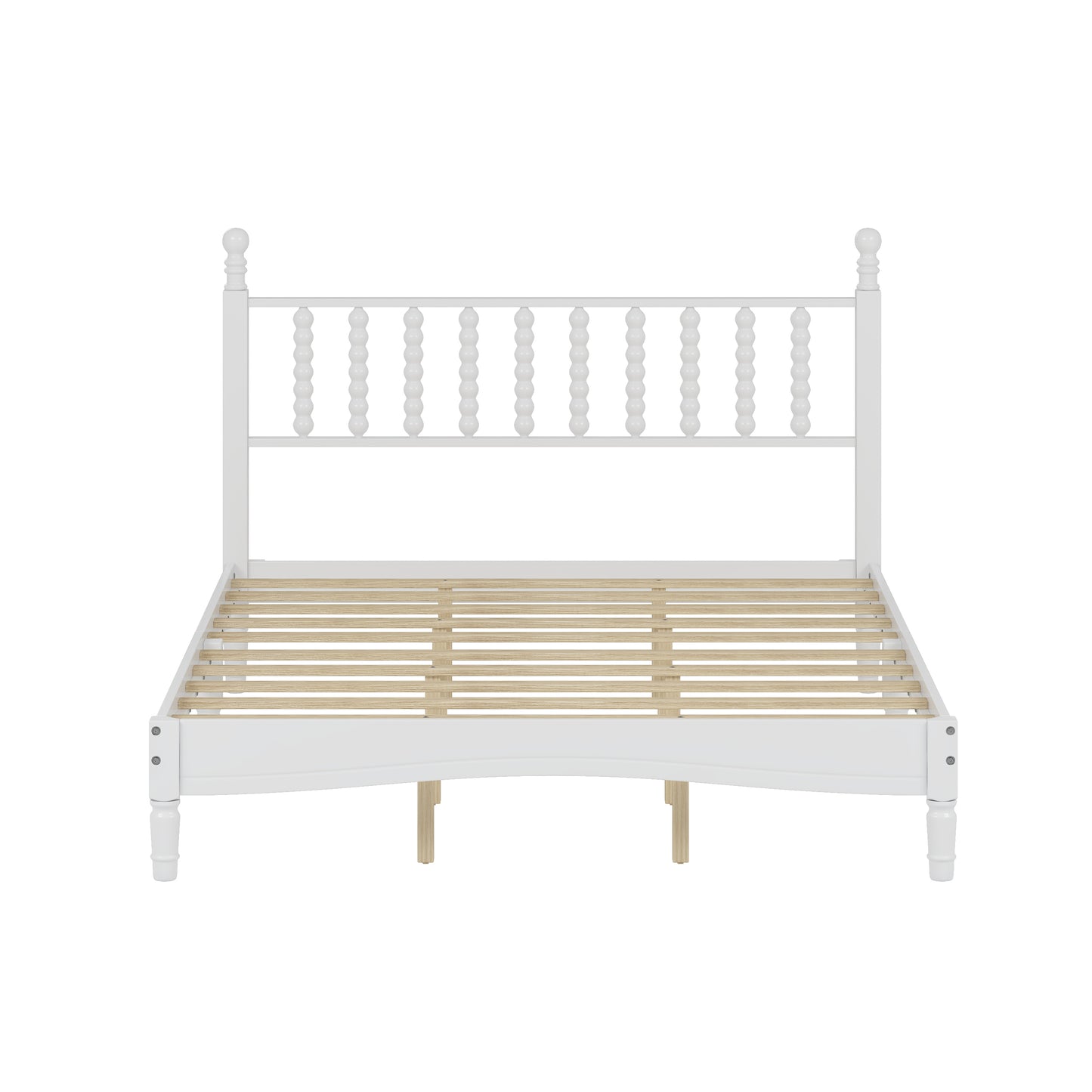 Queen Size Wood Platform Bed with Gourd Shaped Headboard,Retro Style Platform Bed with Wooden Slat Support,White