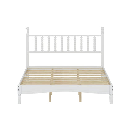 Queen Size Wood Platform Bed with Gourd Shaped Headboard,Retro Style Platform Bed with Wooden Slat Support,White