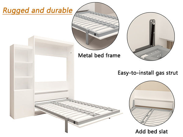 Queen  Size Morden Deisgn Big Size Vertical Murphy Bed with table and shelf  for Bedroom or Guestroom White Wall Bed Space Saving Hidden Bed with New Style Gas Struts
