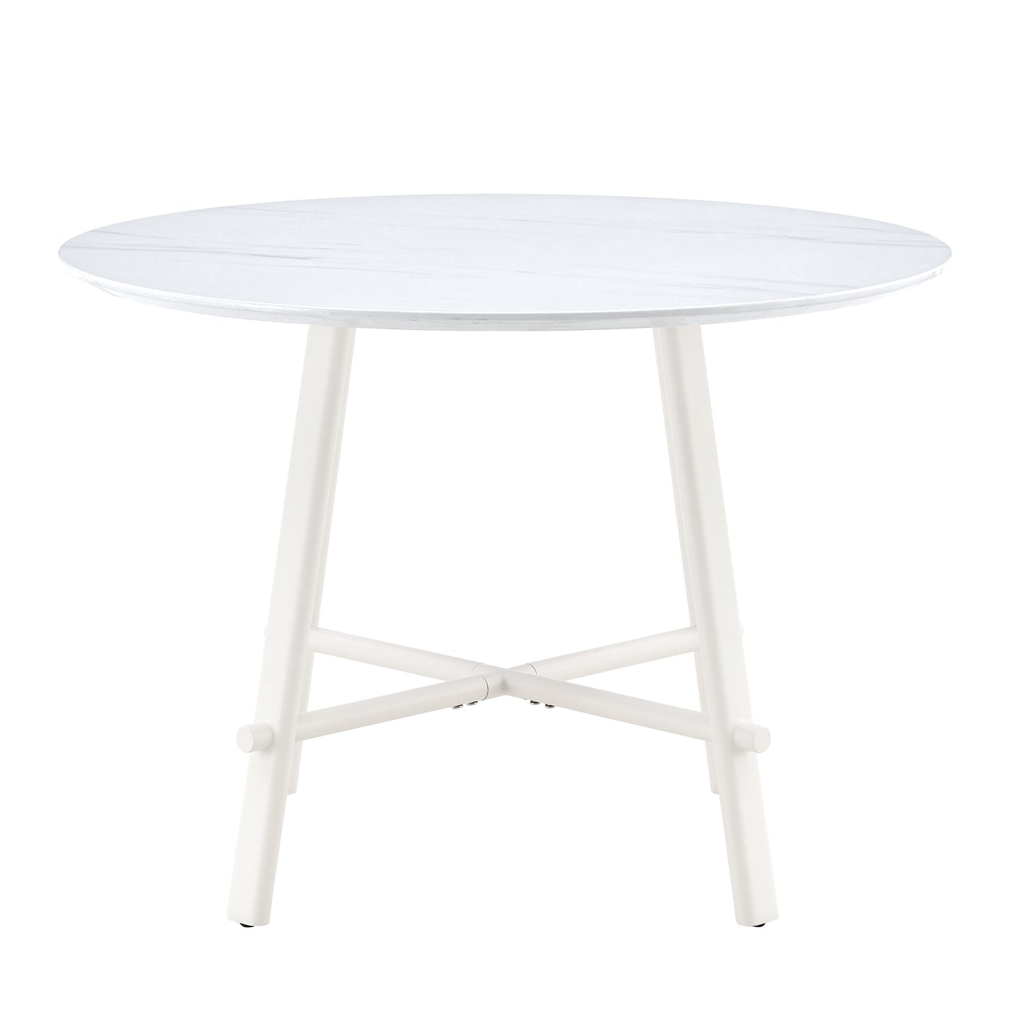 A modern minimalist circular dining table with a 42 inch diameter white patterned tabletop and white metal legs. Suitable for restaurants, living rooms, and conference rooms.