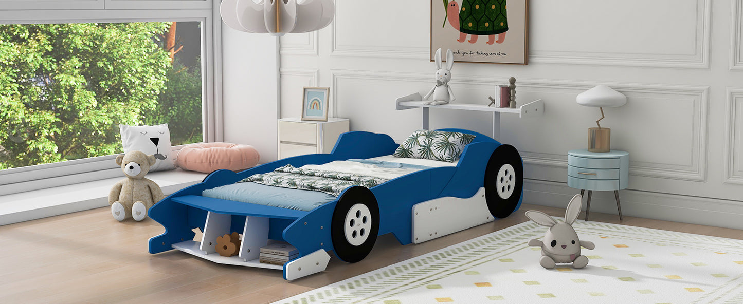 Twin Size Race Car-Shaped Platform Bed with Wheels,Blue