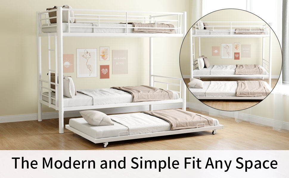 Heavy-duty Sturdy Meta Twin over Twin with Trundle Bunk Bed/l/ Noise Reduced/ Safety Guardrail/No Box Spring Needed,White